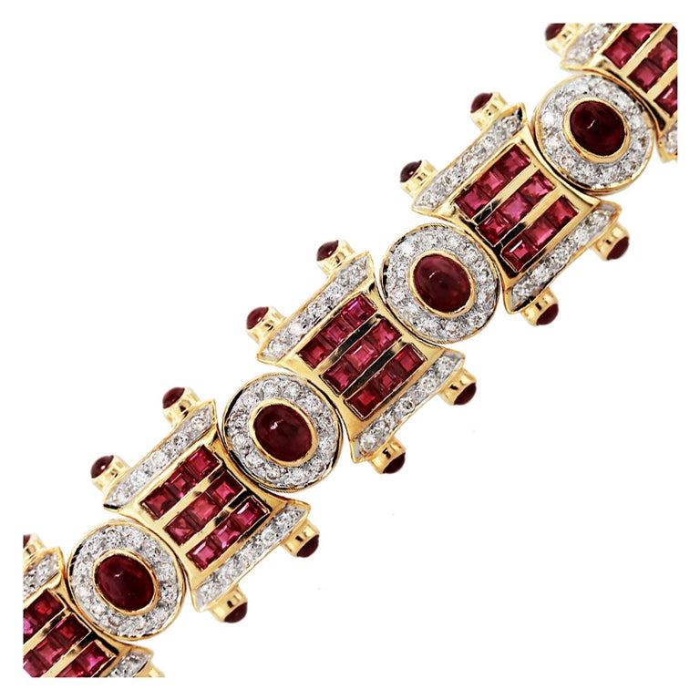Ruby Diamond Yellow Gold Link Line Bracelet, ruby and yellow gold bracelet
