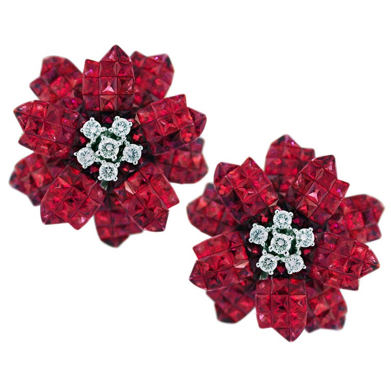 Invisible Set Ruby and Diamond Flower Earrings