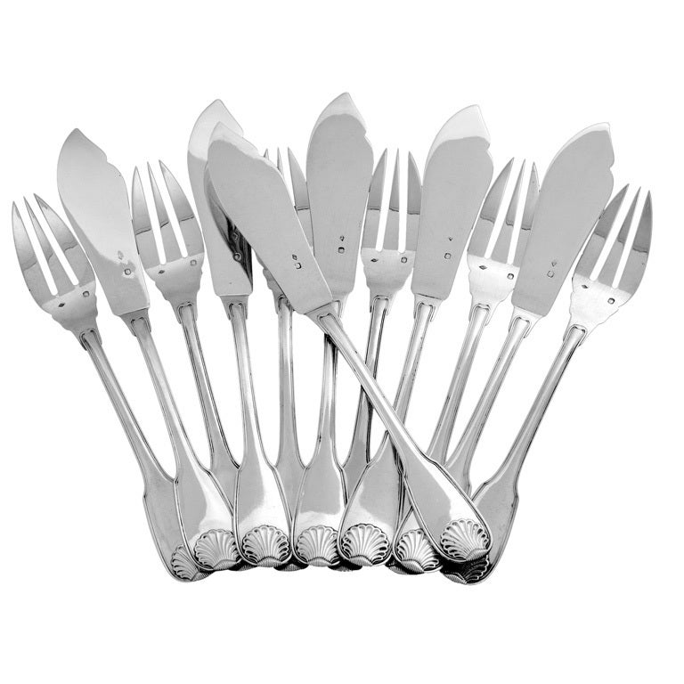 Antique French All Sterling Silver Fish Flatware 12 pc Crown at ...