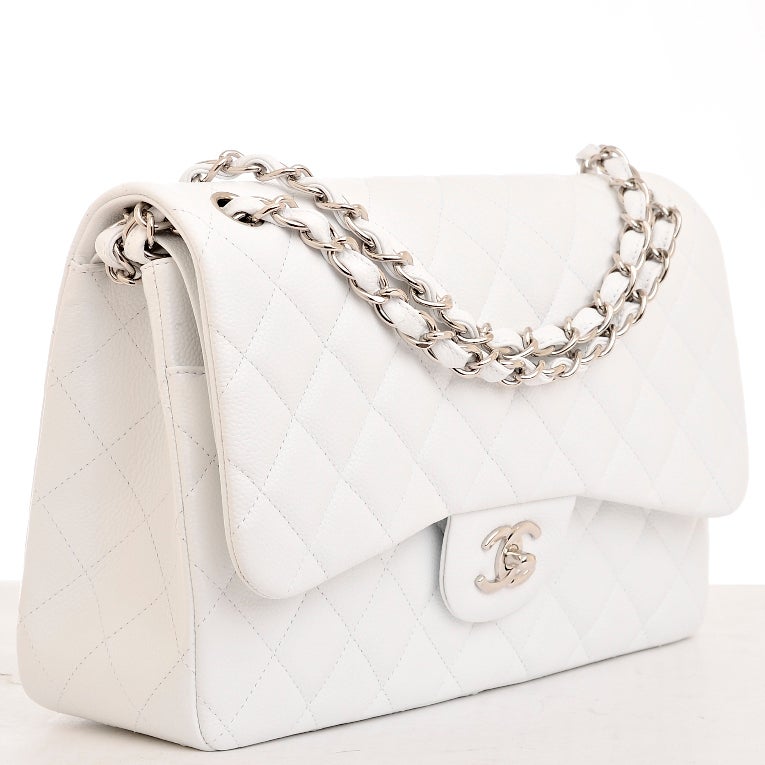 Chanel White Quilted Caviar Jumbo Classic 2.55 Double Flap Bag at 1stdibs