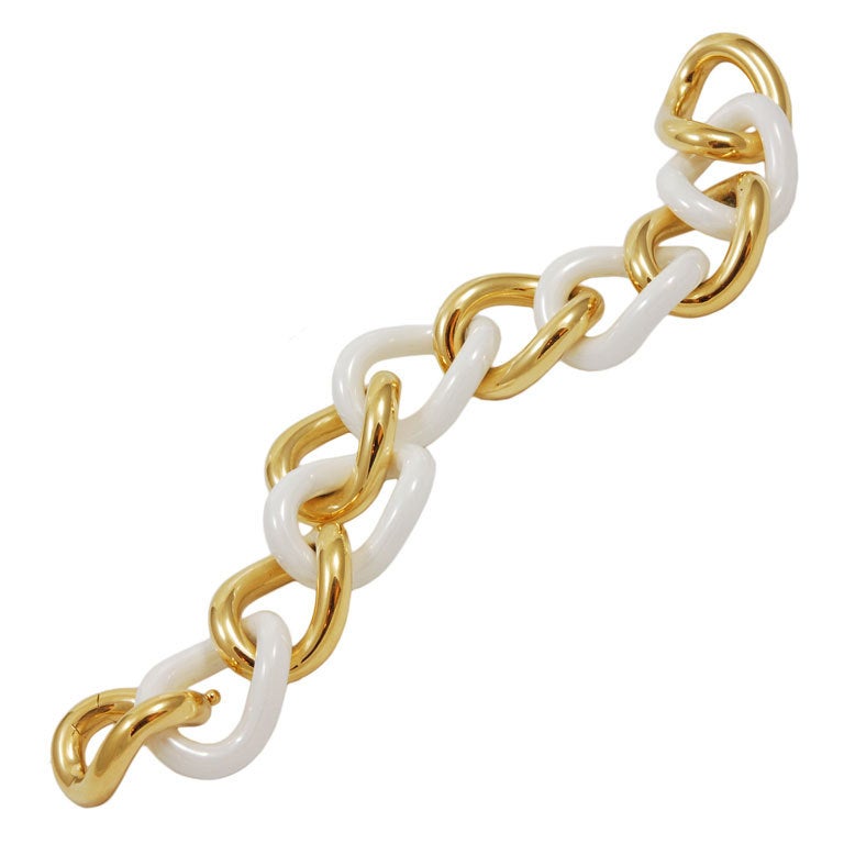 White Ceramic Yellow Gold Classic Link Bracelet