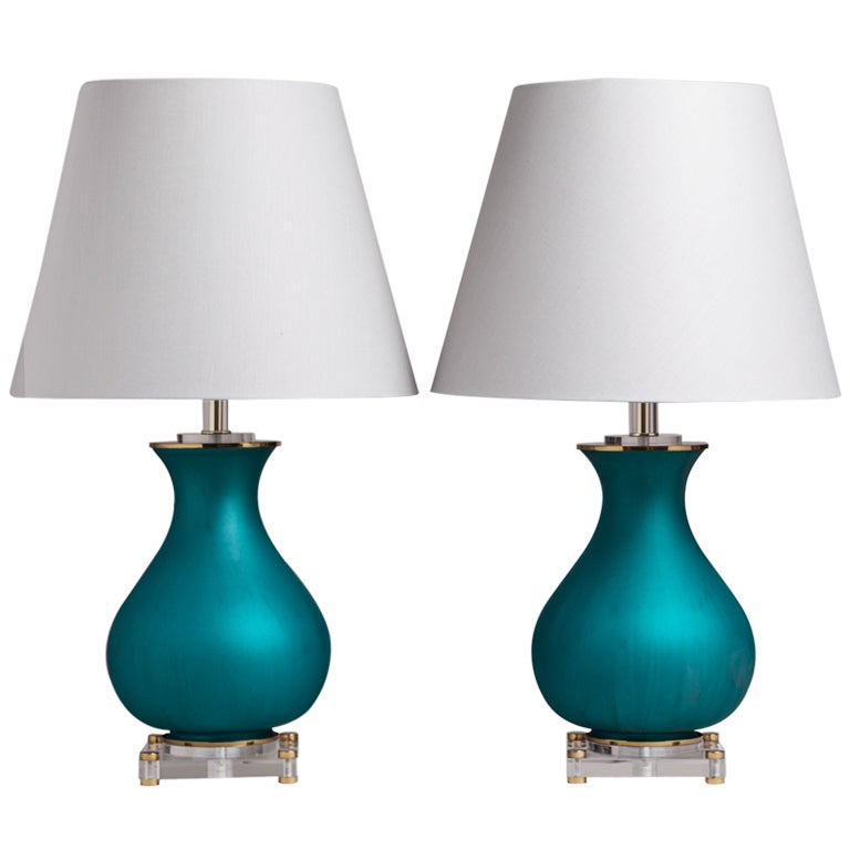 An Unusual Pair of Teal Glass and Lucite Table Lamps 1960s at 1stdibs