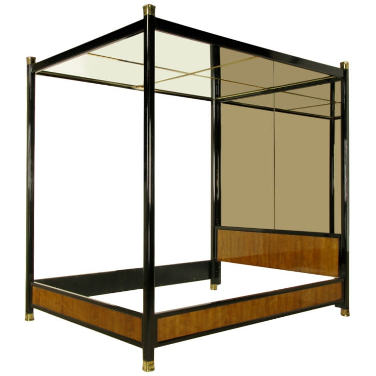 Henredon Mirror, Black Lacquer, and Walnut Queen Canopy Bed at 1stdibs