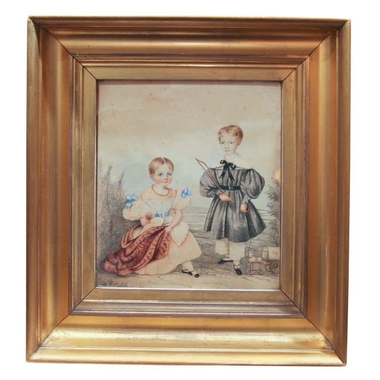 Watercolor of a brother and sister with toys, ca. 1820