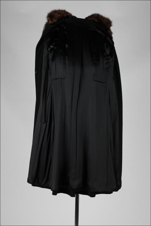 Vintage 1940's Black Wool Mink Bib Belted Coat at 1stdibs