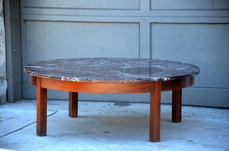 Large Round Coffee Table with Red Veined Marble Top at 1stdibs