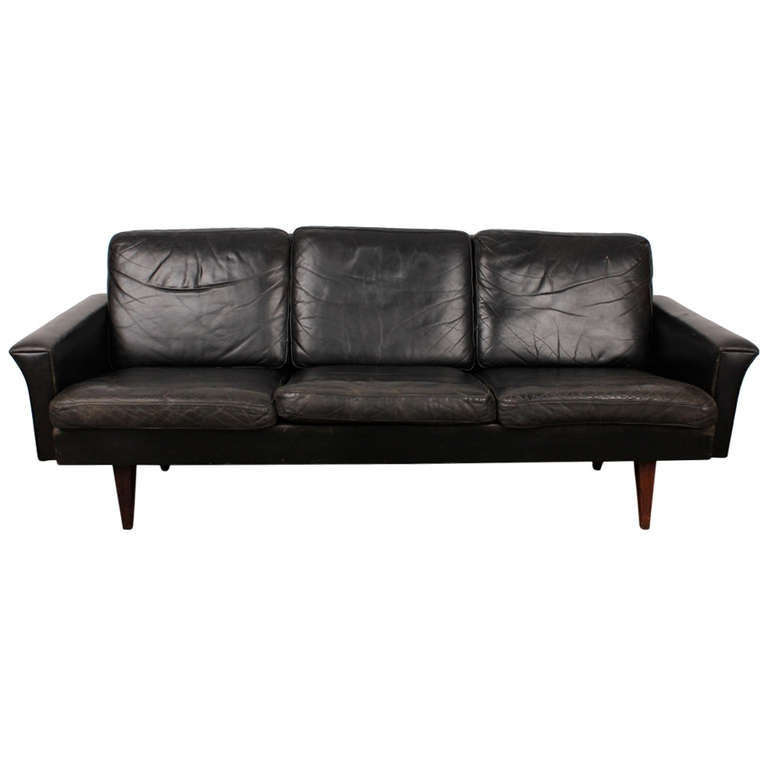 Danish Mid Century Modern Black Leather Sofa at 1stdibs