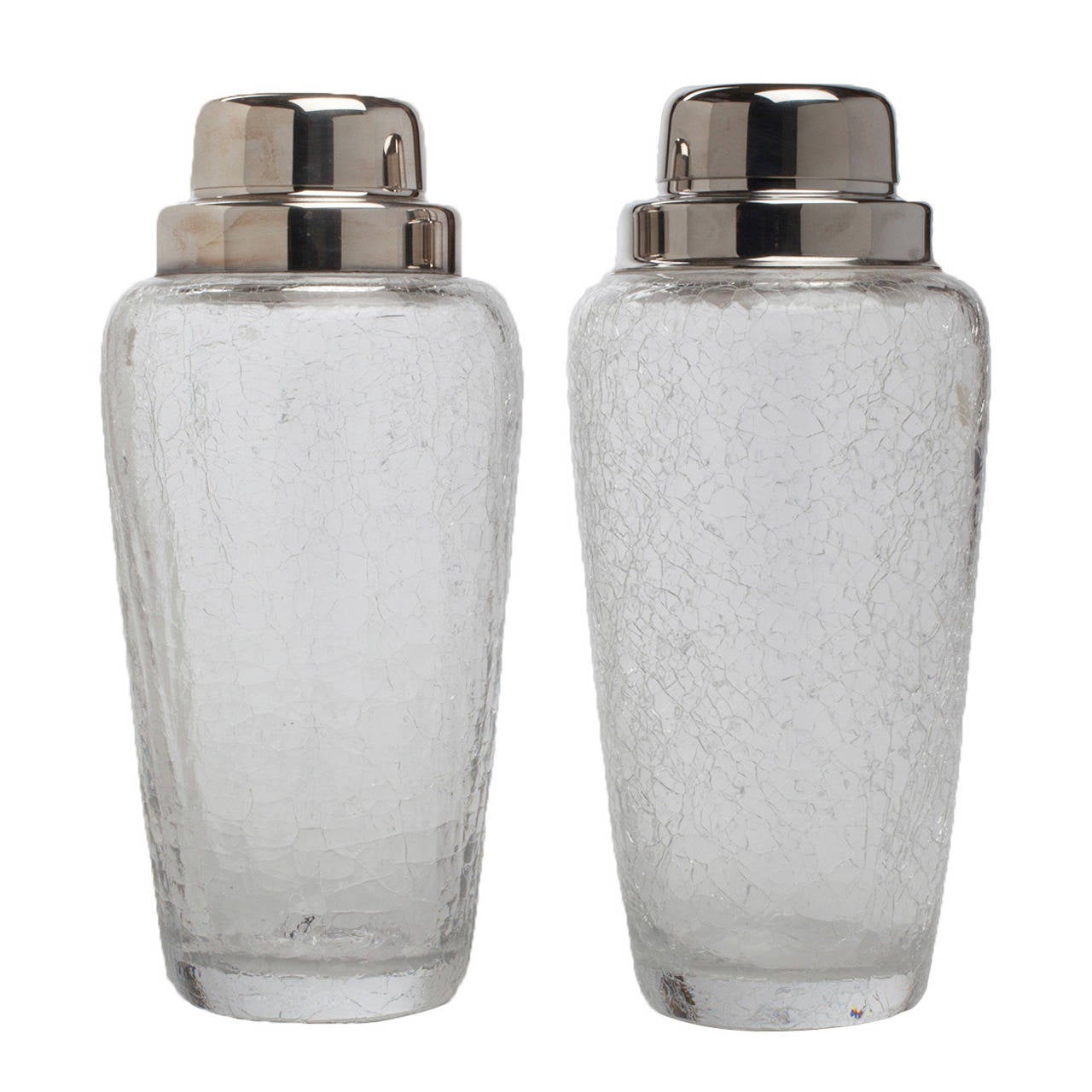 Pair of silver-plated crackle glass cocktail shakers, 1950